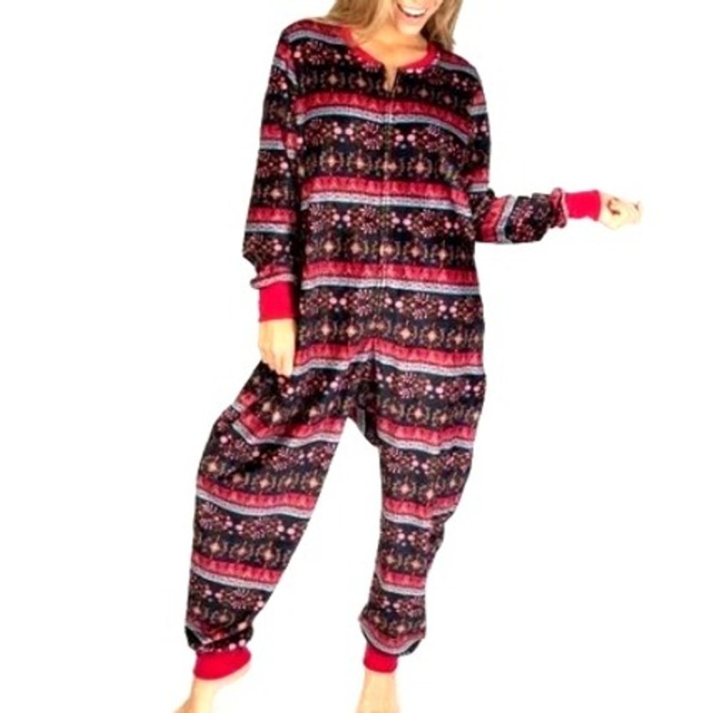 NATURAL LIFE Womens XS Pink Blue Floral Boho Fleece One Piece Union Suit Pajamas